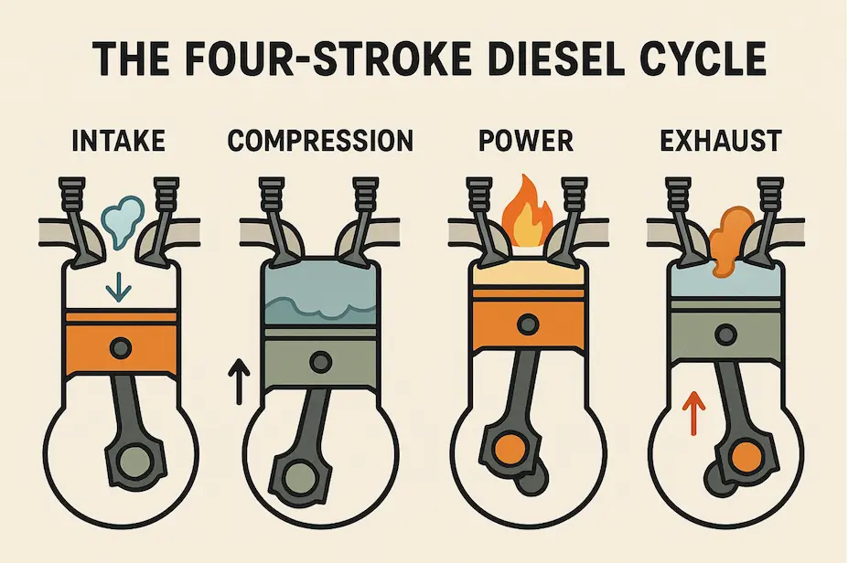 Diagram illustrating the four strokes of a diesel engine: Intake, Compression, Power, and Exhaust, with piston/valve states.