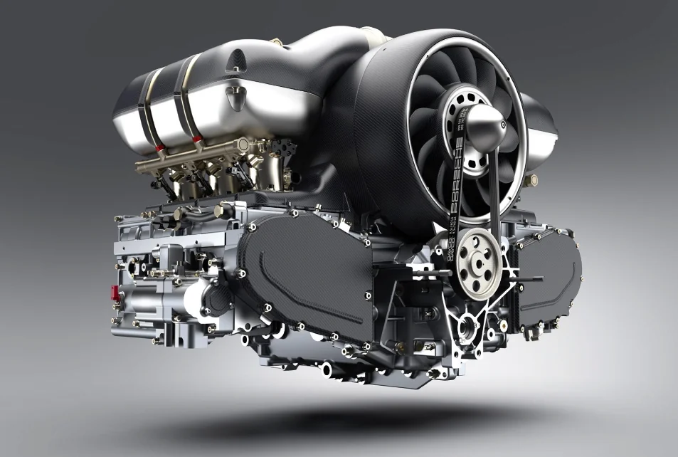 A detailed view of an internal combustion engine, showcasing its intricate mechanical components.