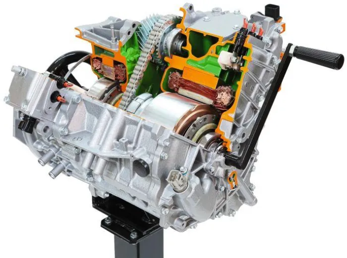 A cutaway view of a hybrid transaxle, showing the integration of electric motors and gearing with the transmission.