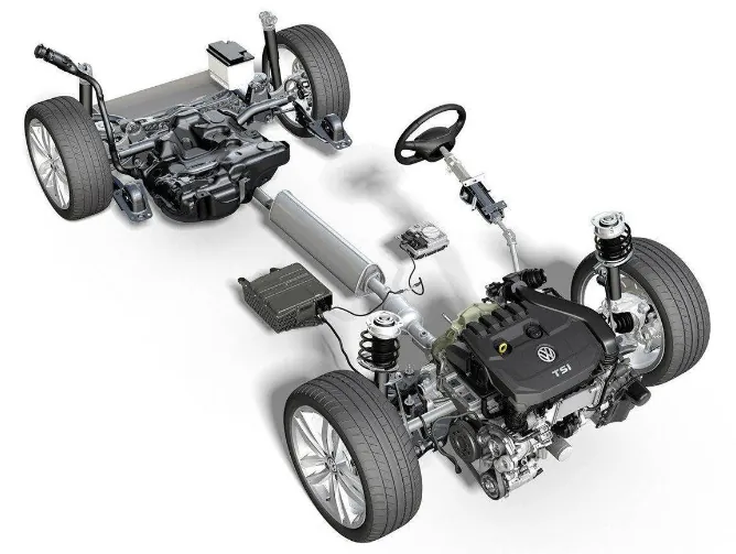 An exploded view diagram of a car chassis, showing the layout of the engine, wheels, suspension, and other major components.