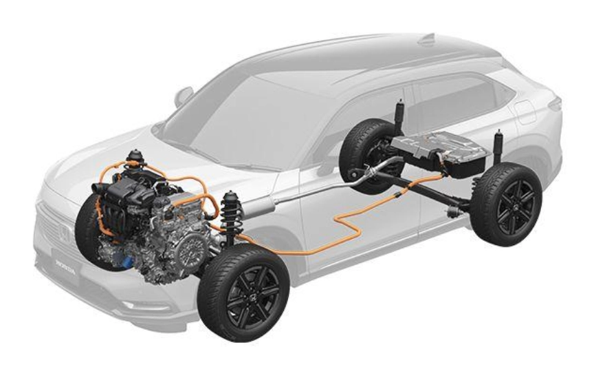 A diagram illustrating the layout of a mild hybrid (mHEV) system, showing a smaller electric motor assisting the engine.