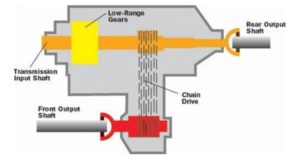 Simplified diagram illustrating the internal components and power flow of a transfer
case, showing the transmission input shaft, low-range gears, chain drive, and front and
rear output shafts.