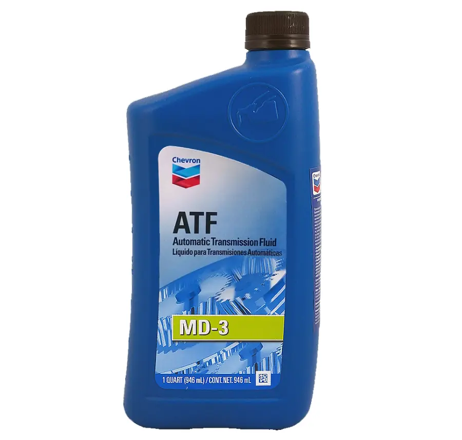A blue plastic bottle of Chevron ATF MD-3 Automatic Transmission Fluid, clearly showing the brand, fluid type, and volume.