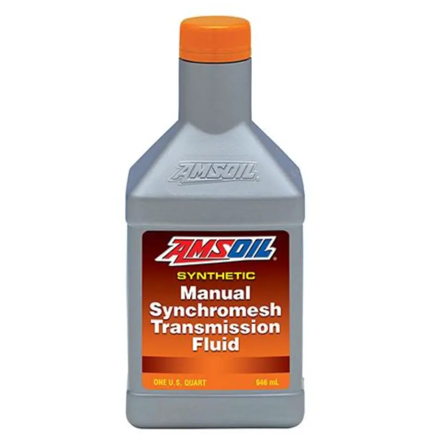 A grey plastic bottle of AMSOIL Synthetic Manual Synchromesh Transmission Fluid, with the brand and fluid type prominently displayed.