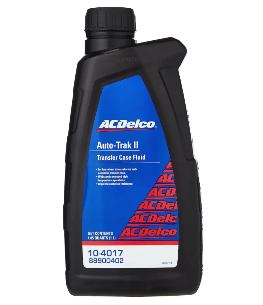A black plastic bottle of ACDelco Auto-Trak II Transfer Case Fluid, featuring the brand name, product name, and part numbers.
