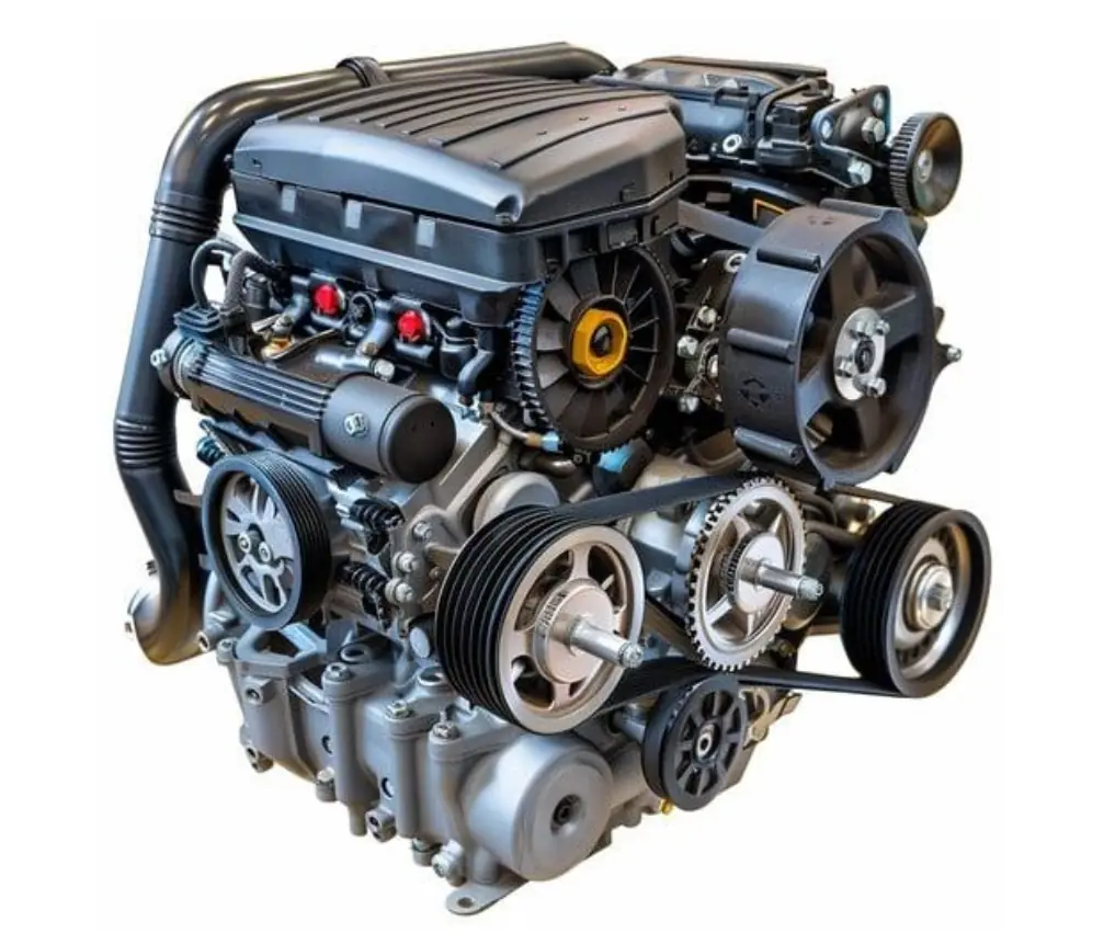 A detailed 3D rendering of a modern car engine, showcasing its various components like belts, pulleys, and manifold, against a plain background.
