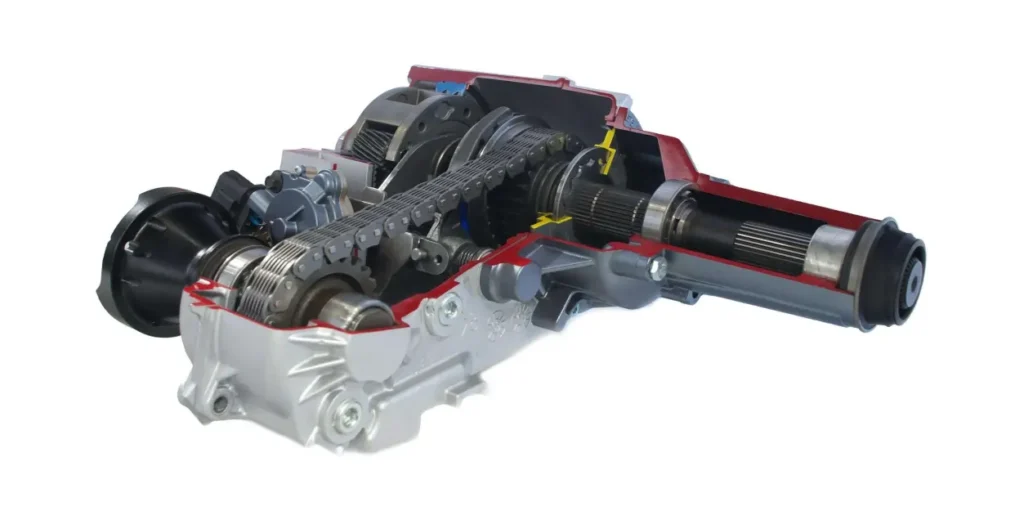 A 3D cutaway diagram of a transfer case, showing its internal chain drive, gears, and other components in a disassembled yet illustrative manner.